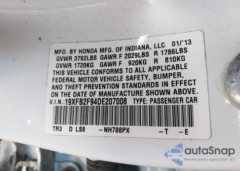 2013 Honda Civic Ex-L z USA, uszkodzony, nr VIN 19XFB2F94DE207008